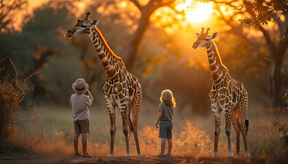 Children marveling at a giraffe during sunset in a wildlife park, celebrating nature and the joy of connection with animals