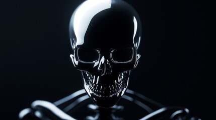 Chrome skeleton staring with empty sockets on a black background, a spooky image for halloween or to illustrate concepts of death and the macabre