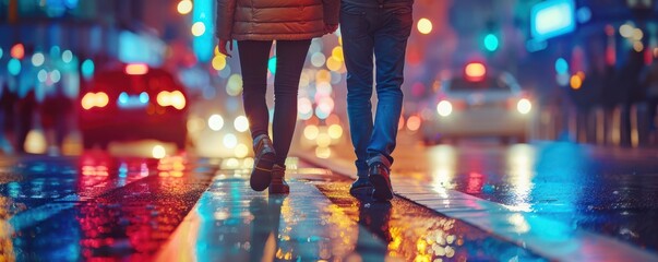 Wall Mural - Group of friends walking through a wet, neon-lit street at night, reflecting city lights. Free copy space for banner.