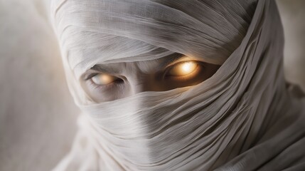 mysterious man with glowing eyes is staring intensely while hiding his face with a turban. the image