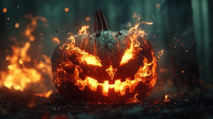 Canvas Print - A Fiery Pumpkin Jack-o'-Lantern in a Dark Forest