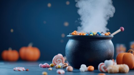 A mystical cauldron steams with colorful candies, surrounded by festive pumpkins, creating a whimsical Halloween atmosphere.