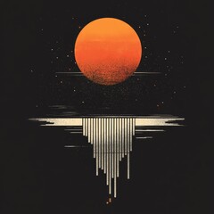 Poster - A stylized graphic of a large orange sun above a minimalist landscape with vertical lines.