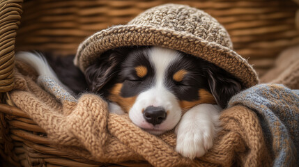 a sleepy border collie puppy cuddled up in a basket of warm blankets, wearing a knitted hat