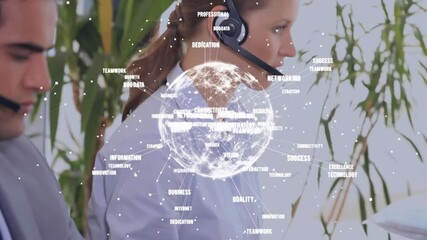 Poster - Animation of globe with connections over diverse colleagues using phone headsets in office