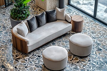 Stone floor patterns add a touch of elegance to this hotel lobby's furniture.