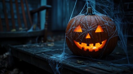 Poster - Jack-o'-Lantern Glowing with a Spooky Smile Covered in Cobwebs