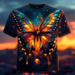 Sticker - A vibrant butterfly graphic t-shirt design featuring cosmic elements and bright colors.