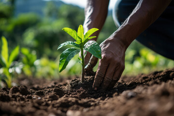 Farmer is carefully planting a young tree sapling into the ground