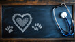 © Aliaksandra - veterinary concept banner with stethoscope, pet paw prints, and heart shape on chalkboard for copy space, showcasing care and love for animals