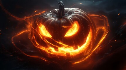 Wall Mural - Flaming Pumpkin Jack-o'-Lantern with Evil Grin