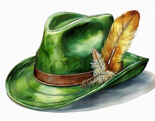 Wall Mural - Green oktoberfest hat with feather. Traditional Man's beer festival Oktoberfest folk outfit. watercolor illustration.