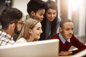 Aufkleber - Computer, smile and students at library for research, knowledge and test results in college. University learning, happy friends and internet for education, project success and online exam report