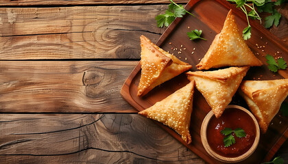 Wall Mural - Wooden board with delicious samosas on table