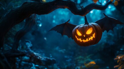 Canvas Print - Illuminated Jack-o'-lantern with Bat Wings Hanging from a Tree Branch in a Dark Forest