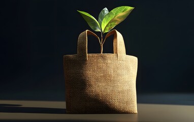 A stylish jute bag with a vibrant green plant emerging from it, symbolizing eco-friendly choices and sustainable living.