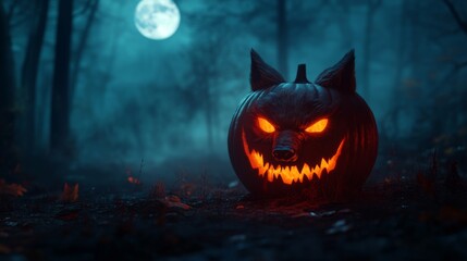 Wall Mural - Glowing Wolf Pumpkin in a Foggy Forest