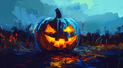 Wall Mural - A Glowing Jack-o'-lantern in a Blue and Orange Abstract Landscape