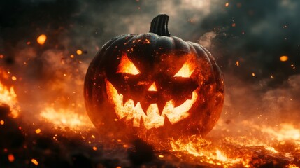 Canvas Print - A Fiery Jack-o'-Lantern Amidst Blazing Embers