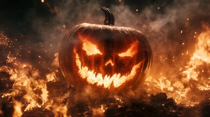 Poster - Jack-o'-lantern ablaze with fiery glow, surrounded by flames and smoke