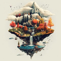 Wall Mural - A surreal floating landscape featuring mountains, forests, waterfalls, and autumn colors.