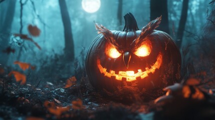 Poster - Glowing Jack-o'-Lantern Owl in a Foggy Forest