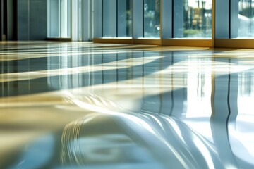 Aufkleber - Light from large windows casts intricate shadows on a highly polished floor surface, creating a reflective and serene atmosphere filled with an interplay of light, shadow, and reflection.