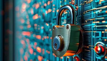 Digital padlock representing cybersecurity and the safeguard of sensitive data in a technological landscape, highlighting secure information storage and protective measures