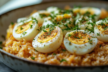 Indulging in kedgeree with smoked haddock and flavorful spices, a culinary delight served elegantly for a vibrant meal