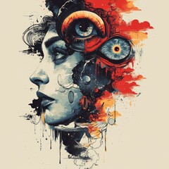 Wall Mural - A surreal portrait blending human features with abstract elements and vibrant colors.