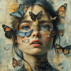 Wall Mural - A surreal portrait of a woman surrounded by butterflies, blending nature and human emotion.