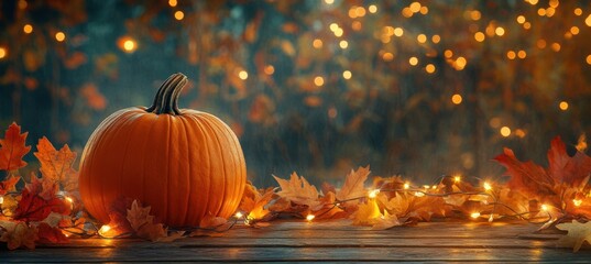 Autumn background with pumpkins and autumn leaves on a wooden table, with copy space for a fall season celebration concept, suitable for banner design Generative AI