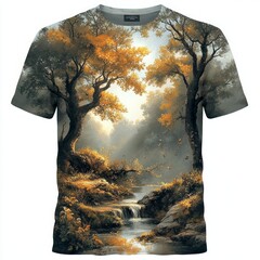 Sticker - A t-shirt featuring a picturesque landscape with trees, autumn foliage, and a serene stream.