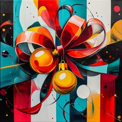 Sticker - A vibrant abstract artwork featuring a bow and ornaments, evoking festive cheer.