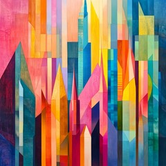 Canvas Print - A vibrant abstract artwork featuring geometric shapes and colors resembling a cityscape.