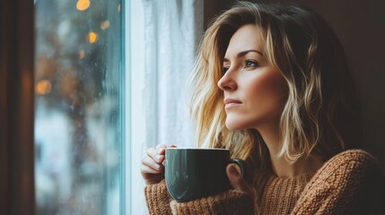 A woman enjoys tea while gazing thoughtfully out of a window on a cozy morning in autumn