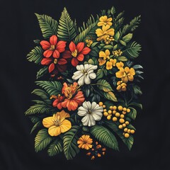 Poster - A vibrant arrangement of tropical flowers and leaves on a dark background.