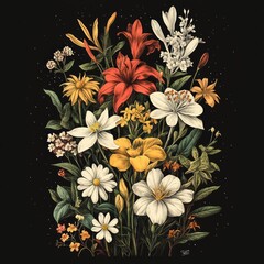 Sticker - A vibrant arrangement of various flowers against a dark background, showcasing nature's beauty.