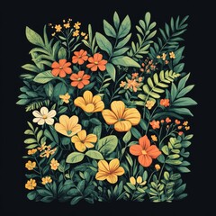 Wall Mural - A vibrant arrangement of various flowers and leaves on a dark background.