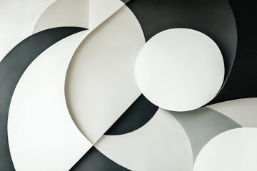 Leinwandbilder - An image showcasing a monochromatic geometric abstract composition with smooth shapes and circles in shades of black, white, and grey, giving a sleek and modern feel.