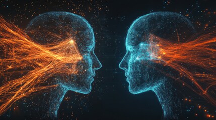 Abstract digital art of two intertwined human heads with glowing energy streams