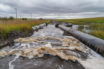 A photo of a river with dirty water flowing through pipes, in the background there is an oil factory and fields, a cloudy sky.