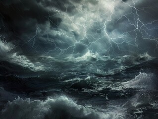 Poster - Dramatic Stormy Sea with Lightning and Waves