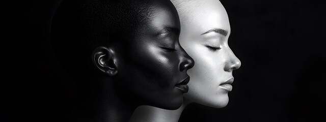 Black and white photograph of two women's faces. One is white with closed eyes, the other has dark skin color