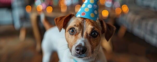 Wall Mural - Excited dog wearing a polka-dot party hat, surrounded by colorful balloons, celebrating.