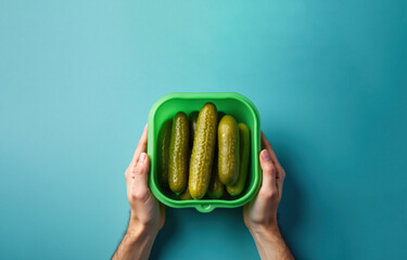 A person holding a green container full of pickles on a blue background.