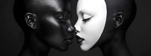 Wall Mural - Black and white photograph of two women's faces. One is white with closed eyes, the other has dark skin color