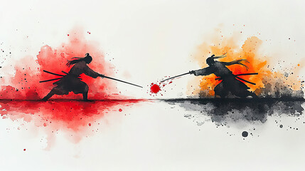 A watercolor painting of two samurai warriors facing off in a duel, with a splash of blood in the center. Generated with AI.