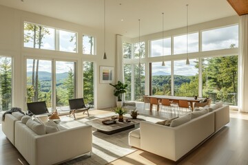 This image showcases a spacious, modern living room featuring large windows providing a stunning view of the surrounding forest, with comfortable seating and elegant decor.