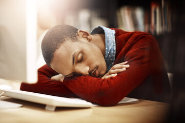 Poster - Man, university student and tired with sleep in library by computer with burnout, exhausted or rest for learning. African person, fatigue and dream by pc for education, studying or course at college